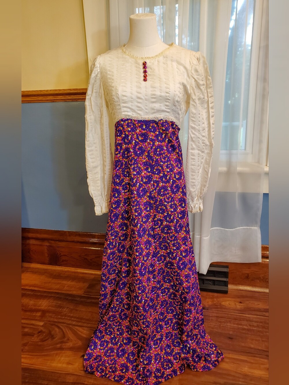 Vintage Romantic Peach Flutter Sleeve Ruffle & Lace Pleated Maxi Dress 70s